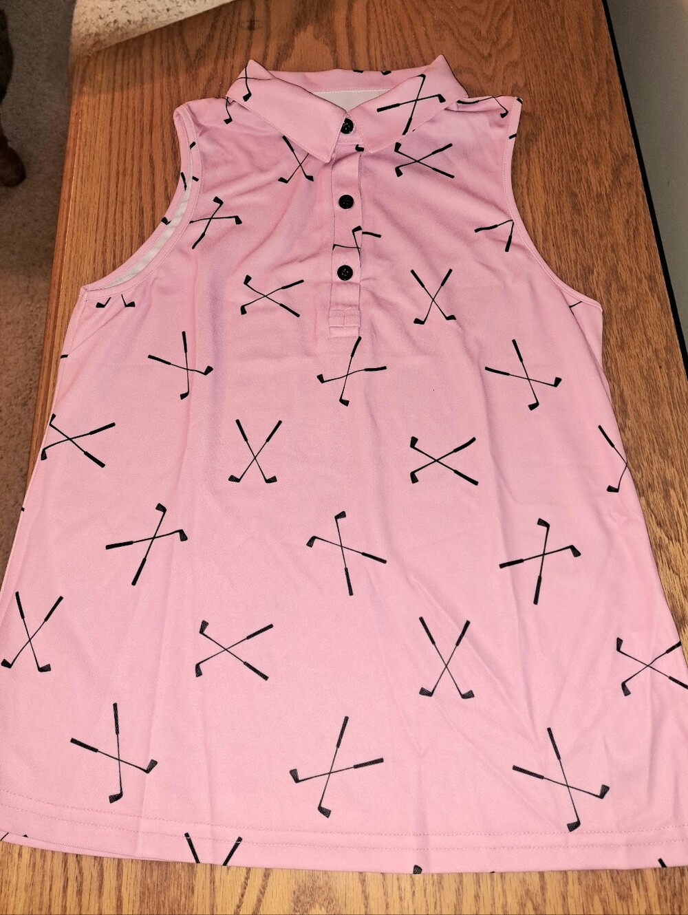 Pink Sleeveless Women's Golf Polo with Black Golf Club Print. SMALL